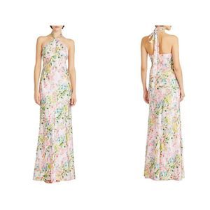 Monique Lhuillier Floral Pink Rose Halter Satin Gown